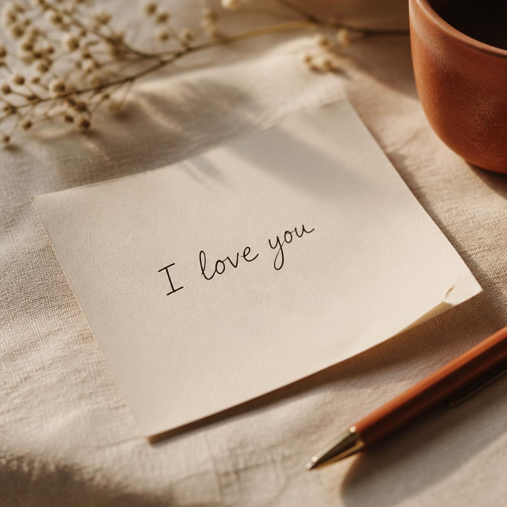 A handwritten note reading &ldquo;I love you&rdquo;, resting on a table