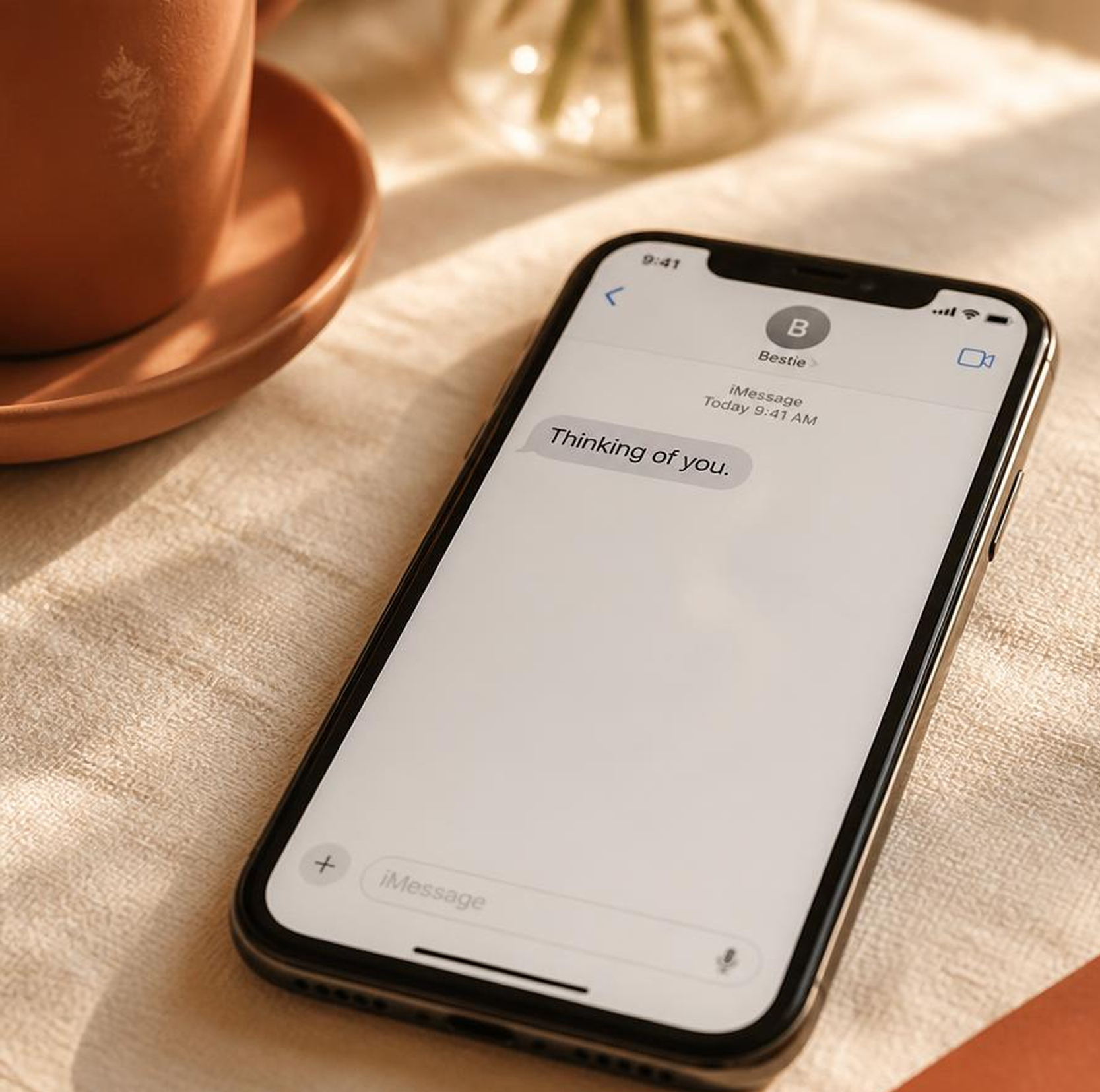 A phone lying on a linen tablecloth, screen showing a text message that says &ldquo;Thinking of you.&rdquo;, with a terracotta mug nearby